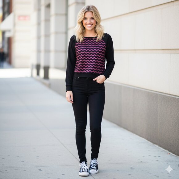 NWT Pink Black Lace Panel Lightweight Crop Sweater Chevron Print - Picture 2 of 14